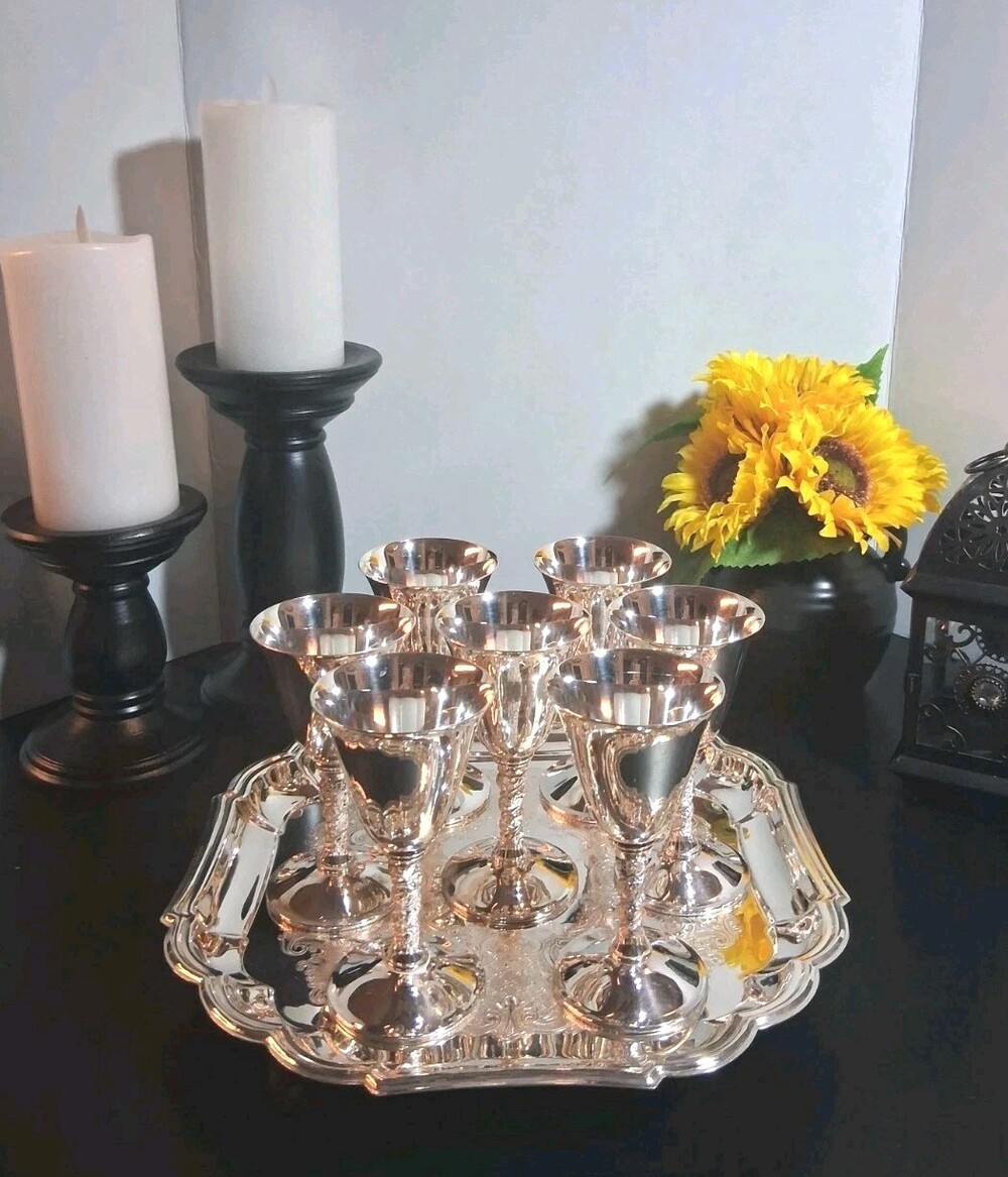 6 Pristine Vintage FBR Silverplate Cordial Goblets Chalices Made in Spain Brass